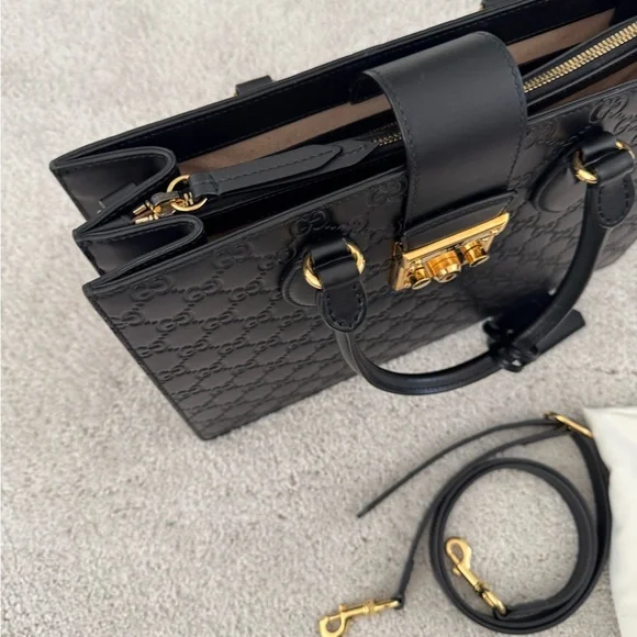 Gucci Black Embossed Leather Satchel with Gold Hardware - Picture 8 of 15